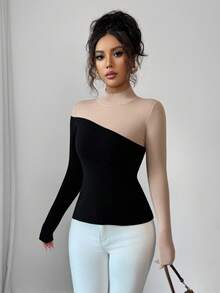 Elenzga Áo len dệt kim đơn giản màu tương phản cổ lọ thanh lịch dành cho nữ - màu đen - Xem 3