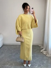 Elenzga 黄色长袖上衣和直筒裙两件套，优雅适合秋冬派对、通勤 - 黃色 - 查看 4