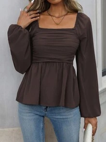 EMERY ROSE Women's Solid Color Square Neck Lantern Sleeve Ruffle Hem Fashionable Blouse - Chocolate Brown - View 3