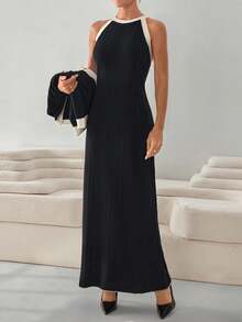 EURMUSE Black & Cream Contrast Ribbed Knit Set – Gold Button V-Neck Cardigan Paired With Matching Sleeveless Bodycon Dress - Black - View 2