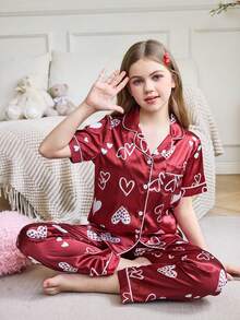 少女心印花缎面睡衣套装 - 紅白色 - 查看 4