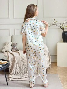 Girls Colorblock  Floral Print Button Front Pajama Set Floral Pajama Set Kids Collar Neck Long Pajama Sets - Yellow - View 2
