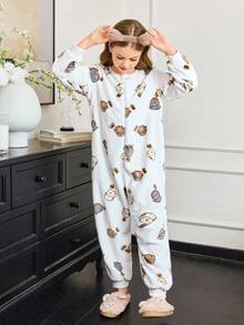 女童卡通熊印花毛绒睡衣 - 彩色 - 查看 4
