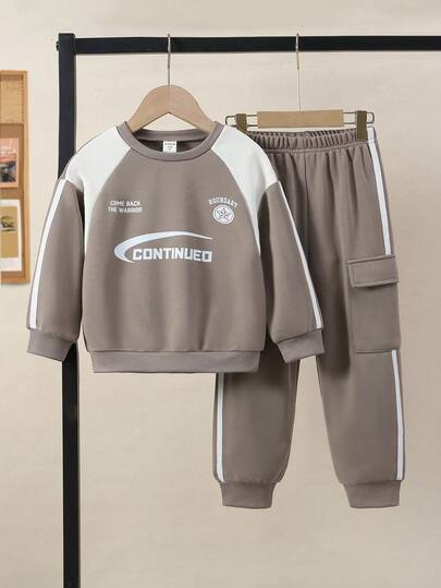 SHEIN 2pcs/Set Toddler Boys' Casual School Style Sweatpants And Hoodie Outfit, Back To School 2025 Kids' Campus Athleisure Wear Fall Winter