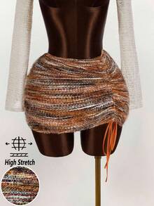 Maweii Plus Size Women Sexy Faux Fur Knitted Fabric Bodycon Drawstring Asymmetrical Hem Skirt, Stylish Design For Party, Gathering, Outing