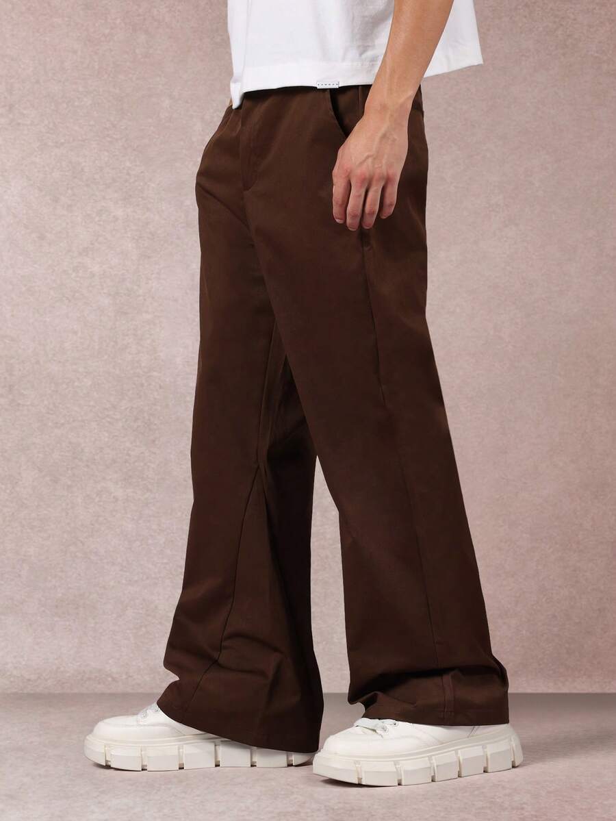 SUMWON 喇叭阔腿裤棕色斜纹布基本款裤子秋冬喇叭裤连衣裙复古时尚宣言 - 棕色 - 查看 1