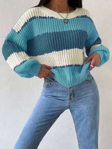 EMERY ROSE Casual Colorblock Striped Cropped Sweater, Autumn/Winter Fall Cloth For Women - Multicolor - View 6