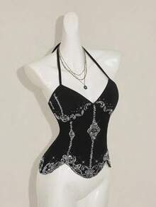 SHEIN ICON Women's Sequin Embroidered Backless Crop Top, Y2K Retro Sexy Chic Cute Blouse Gothic Top Rhinestone Corset Top,Tank Top,Black Top - Black - View 6