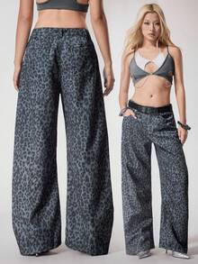 N_Standard Grey-Black Leopard Denim Effect Loose Wide Leg Casual Pants For Women Suitable For Summer Fall Winter Rave Festival Leopard Print Pants Women Wide Leg Pants Women Pants Animal Print Pants Summer Pants High Waisted Pants Printed Pants Y2K 2000s Back To School Club Women Sexy