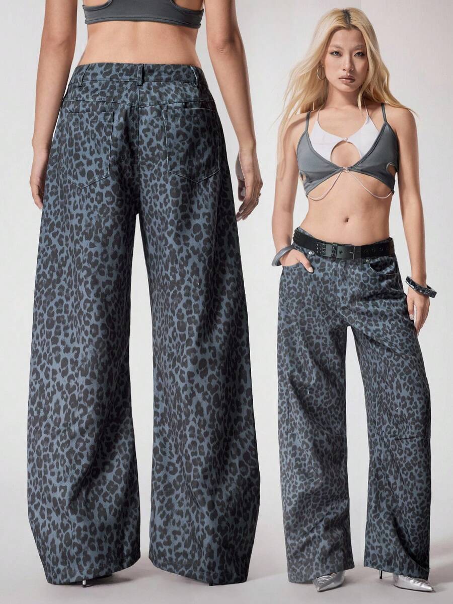N_Standard Grey-Black Leopard Denim Effect Loose Wide Leg Casual Pants For Women Suitable For Summer Fall Winter Rave Festival Leopard Print Pants Women Wide Leg Pants Women Pants Animal Print Pants Summer Pants High Waisted Pants Printed Pants Y2K 2000s Back To School Club Women Sexy