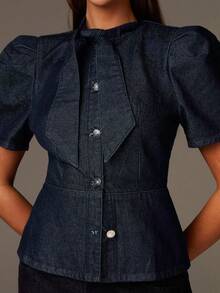Athîral Denim 女士藏蓝色牛仔蝴蝶结A字衬衫，泡泡袖短袖上衣，金属纽扣，正式场合，优雅，适合通勤，秋季女装 - 藍色 - 查看 5