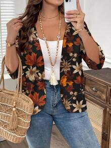 EMERY ROSE 复古树叶印花休闲简约宽松轻便夹克，适合大码女士，适合返校和教师节穿着 - 彩色 - 查看 2