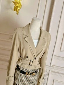 SHEIN MOD Women's Khaki Short Casual Loose Jacket With Belt, Autumn Outwear, Fall Coat,Fall Clothes,Cruise Women Outfits,Back To School