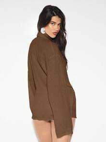 KIZN Áo choàng voan họa tiết nhăn tay dài kiểu áo khoác blazer buộc dây bên hông, thích hợp mặc đi nghỉ dưỡng mùa thu đông, công sở, thanh lịch, cỡ lớn - Màu nâu Sô-cô-la - Xem 2