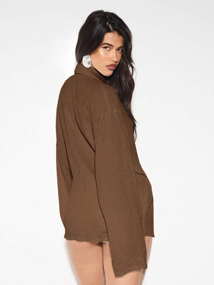 KIZN Crinkle Textured Wrap Blouse With Side Tie