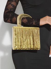 SHEIN SXY Borse da sera per signora, borse a mano, dorate, con paillettes, alla moda, di lusso, con nappe, luccicanti, adatte per cocktail festa, feste, balli, club, appuntamenti, compleanni, serate, cene di gala