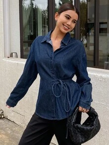 DAZY 女式西式纯色系带宽松翻领长袖休闲牛仔衬衫，春夏季 - 藍色 - 查看 8