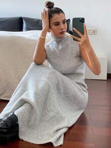 DAZY 2 件纯色修身高领无袖上衣和裙子针织毛衣套装，秋冬休闲优雅 - 灰色 - 查看 6