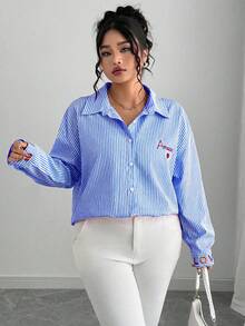 Elenzga 大码女式法式条纹印花和刺绣心形衬衫 - 藍色 - 查看 5