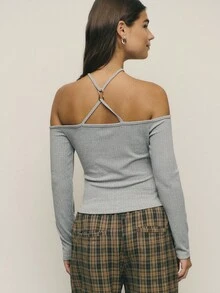 Nöista Women's Grey Ribbed Top,Crossover Neckline Cold Shoulder Long Sleeve,Summer Casual Everyday Fall Tops,Sleek Office,Chic Goth Alternative Style - Light Grey - View 2
