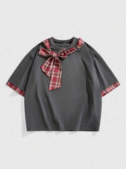 Prep Men's Plaid Bow Tie Loose Fit College T-Shirt, 2000s Style