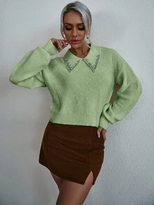 EMERY ROSE 女士时尚休闲水钻落肩长袖套头毛衣 - 綠色 - 查看 3