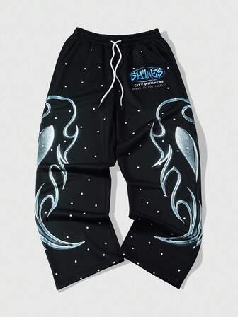 Street Life Pantalon de survêtement droit à taille élastique avec imprimé lettres et pois pour hommes