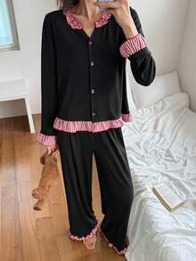 DAZY 女士甜美撞色格子荷叶边睡衣套装，秋季服装 - 黑色 - 查看 3