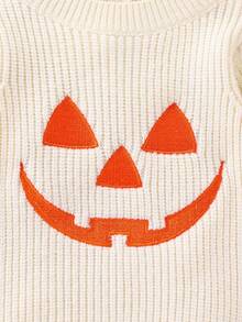 SHEIN Baby Boys/Girls Knitted Long Sleeve Bodysuit, Comfortable For Autumn/Winter, Beige Color, Versatile For Daily Wear, Embroidered Halloween Pumpkin Design, Stylish & Cute, Suitable For Holidays, Home, Outings, Travel - Apricot - View 3