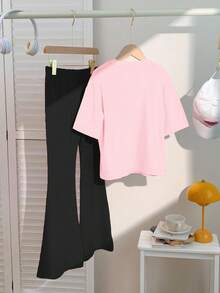SHEIN Leap Crew 2 件套青少年女孩休闲宽松水豚印花短袖 T 恤和喇叭裤套装，夏季 - 彩色 - 查看 2