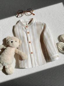 SHEIN 嬰兒男/女童條紋立領長袖梭織襯衫，白色夏季休閒度假百搭秋冬上衣，適合戶外、日常穿著、派對 - 杏色 - 查看 3