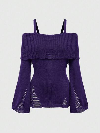 Goth Pull tricoté ajusté à l'épaule dénudée style punk déchiré