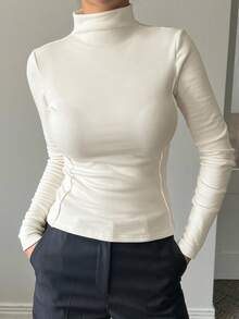 DAZY Women's Mock Neck Slim Fit Long Sleeve Casual T-Shirt, Sexy & Comfortable Fall Tops Thermal Lined,Winter - Beige - View 7