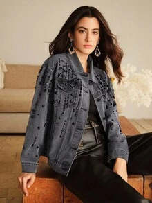 Anewsta Vintage Style Diamond Embellished Black Denim Jacket For Women - Black - View 6