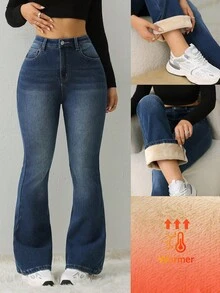 SHEIN Tween女孩深藍色冬季休閒校園返校 Y2K復古加厚保暖抓絨彈力牛仔喇叭褲 柔軟街頭風秋季 - 藍色 - 查看 2