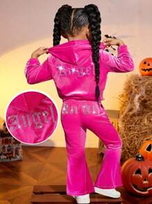 SHEIN Conjunto de 2 peças de moletom com capuz e calça flare de veludo com estampa de letras de strass, roupas fofas, casuais e vintage, ótimas para uso casual e diário e para a escola no verão e no outono, para o Natal