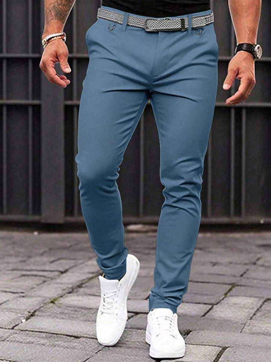 Manfinity Mode Pantalones de traje ajustados de unicolor casual para hombre, cinturón no incluido, formal, ceremonia - Azul - Ver 1