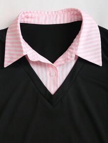 Sweetra Vintage American Preppy Style Contrast Color Long Sleeve 2 In 1 Fitted Dress, Autumn - Multicolor - View 6