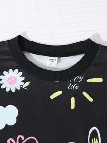 Sparklyn 2 件套复古美式英语图案运动衫和裤子套装，适合少女 - 黑色 - 查看 6