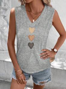 SHEIN LUNE Áo tank top không tay họa tiết trái tim tối giản, phong cách thường ngày dành cho nữ, thích hợp cho mùa hè và các dịp thường nhật. - Xám - Xem 5