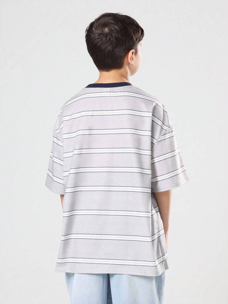 Striped T-Shirt With Chest Print And Navy Trim