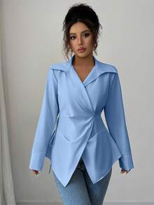 Elenzga Women's Solid Color Crossed Wrap Front Long Sleeve Casual Versatile Shirt - Blue - View 5