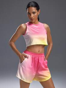 Powerista Women Ombre Color Round Neck Tank Top And Shorts Sports Set Workout Sets - Pink - View 3