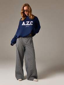 AiiRZ Oversized Collegiate Letter Print Sweatshirt AZC Logo Pullover Autumn Winter Casual Streetwear Long Sleeve Crew Neck Jumper - Blue - View 3