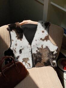 Comfortcana 女士复古西部风格黑白双色奶牛印花前开襟轻薄无袖外套，秋季牛仔竞技奶牛印花女士西部露脐牛仔背心，秋季 - 彩色 - 查看 5