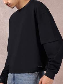 SUMWON Áo thun cotton Jersey dáng hộp cổ tròn hai lớp tay dài in hình bướm Gothic cỡ lớn, mặc thường ngày thu đông - màu đen - Xem 4