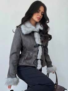 Firerie 女士休闲优雅仿皮草拼布外套/军绿色外套，皮草大衣/女士秋装/女士冬装/毛绒复合外套/秋冬日常出游装/毛绒防寒大衣 - 橄欖綠 - 查看 7