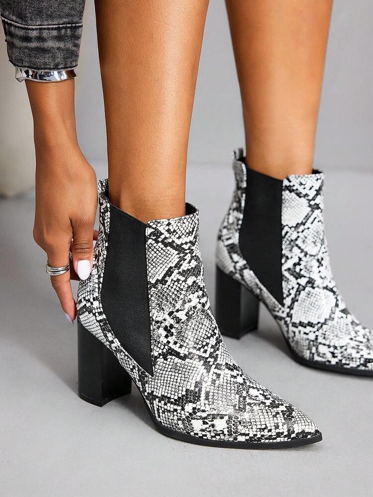 CUCCOO SZL 2025 Autumn/Winter New Fashion Snake Skin Pointed Toe Ankle Boots, Chunky Heel Chelsea Boots