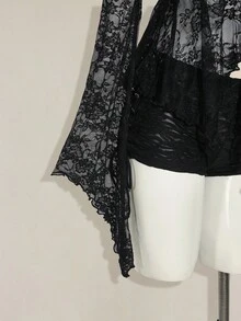 SHEIN ICON 女式甜心领喇叭袖蕾丝时尚上衣 - 黑色 - 查看 8