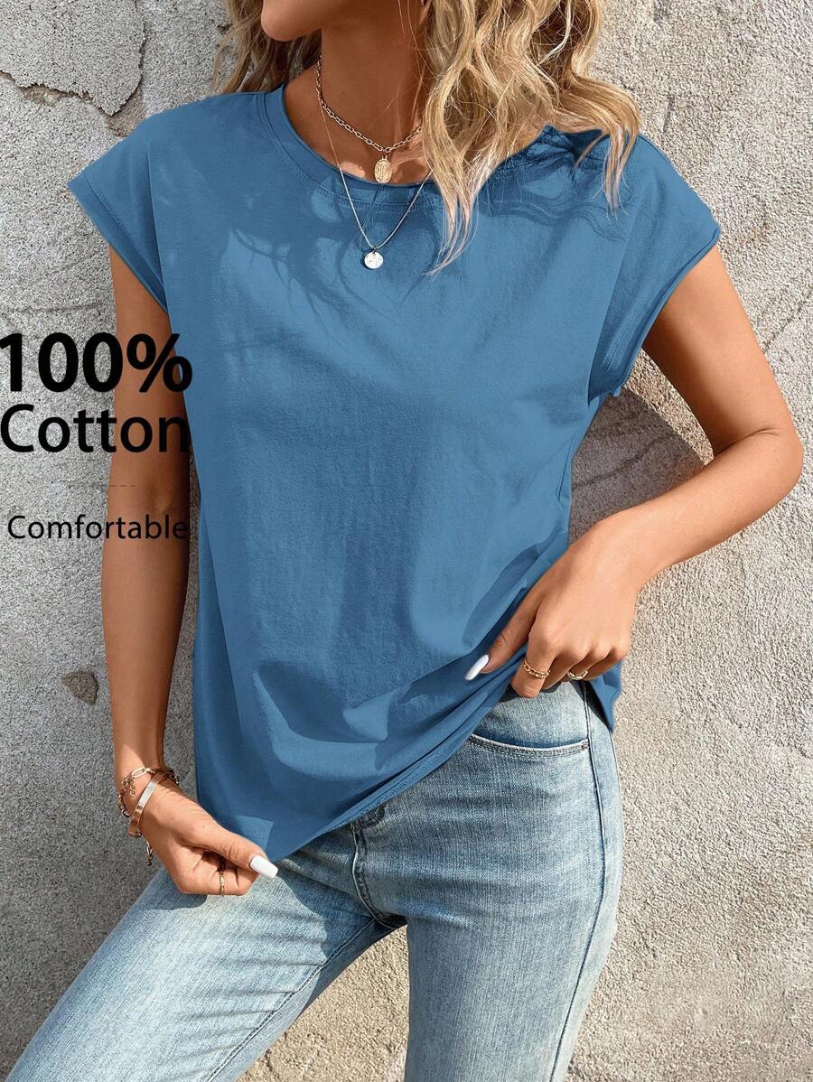 SHEIN LUNE Women's Casual Versatile Solid Color Round Neck T-Shirt - Blue - View 1
